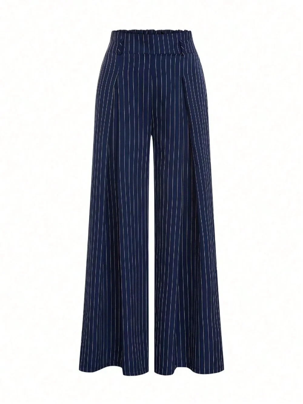 Navy Blue Elegant Women's Striped Pleated Zipper Fly Wide Leg Trousers